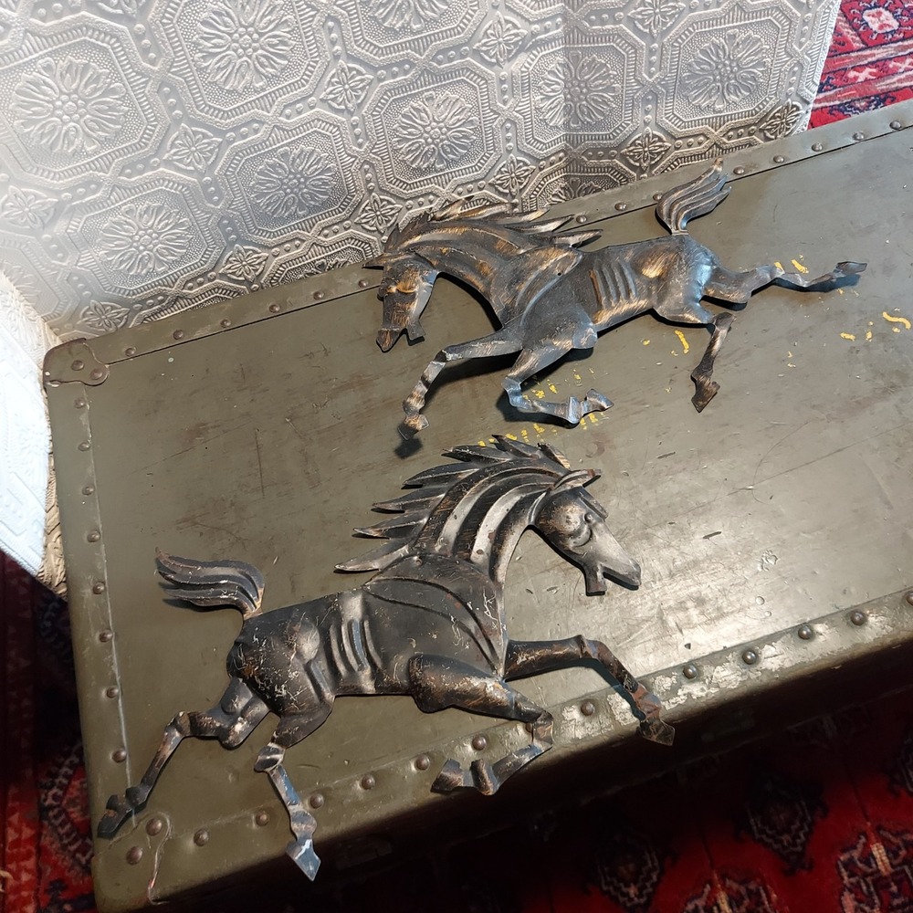 Vintage Metal Horse Wall Art Set 2 Mid Century Modern Galloping Plaques 10x15